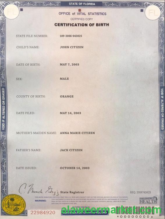 USA Florida state birth certificate template in PSD format
